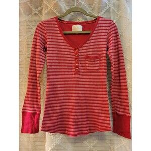 Y2K Layer Thermal Henley Shirt VNeck Pocket Striped Red Pink Skater Punk Emo